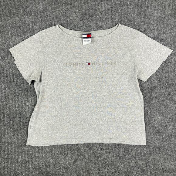 Tommy Hilfiger T-Shirt Womens XL Gray Short Sleeve Logo Spellout Casual Tee - Picture 1 of 9